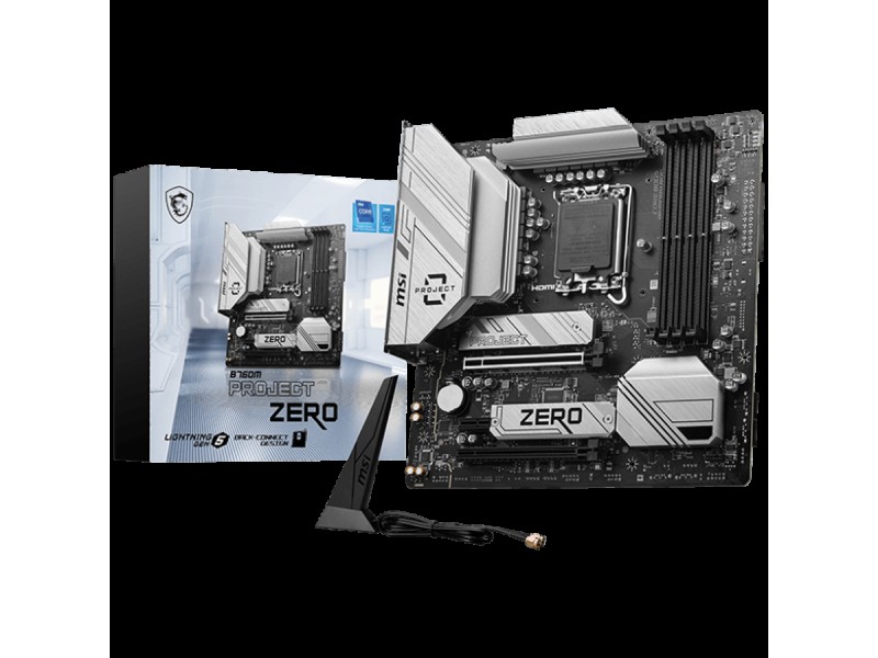 MSI B760M PROJECT ZERO, mATX, Socket LGA 1700, Dual Channel DDR5 7800+(OC)MHz, 2x PCIe x16 slots, 2x M.2 slots, 1x HDMI, 1x DP, 4xUSB 2.0, 3xUSB 10Gbps Type A, 1xUSB 20Gbps Type C, 7.1 HD Audio, 2.5Gbps LAN