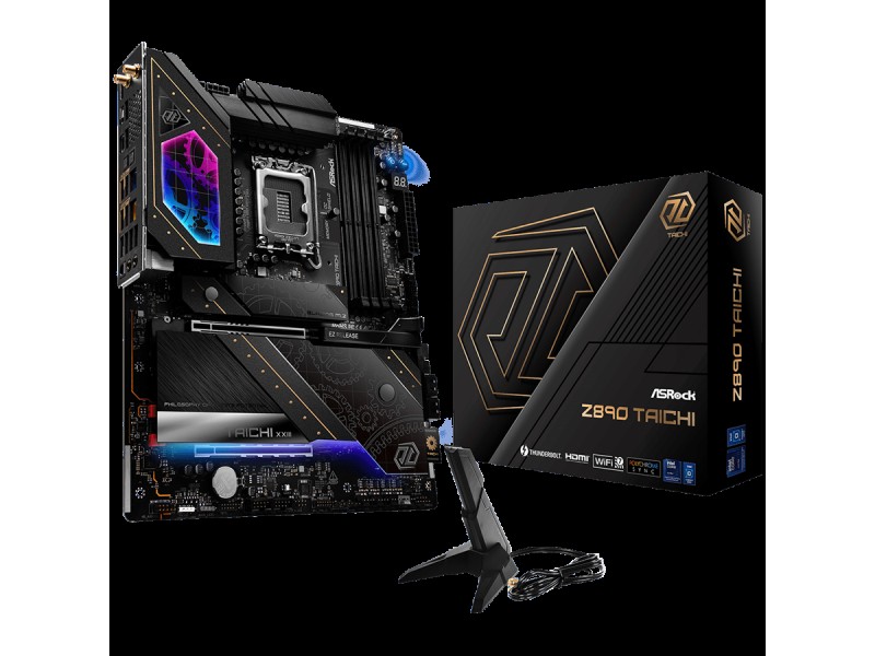 ASROCK MB Desktop Z890 Taichi, S1851, 4x DDR5, 1x PCIe 5.0 x16, 1x PCIe 4.0 x4, 1x Blazing M.2, 5x Hyper M.2, 4x SATA3, 3x USB-C, 12x USB 3.2, 6x USB 2.0, 2x RJ-45 2.5GB / 5GB Lan, 802.11ax Wi-Fi 7 + Bluetooth 5.4, 1x SPDIF, ATX