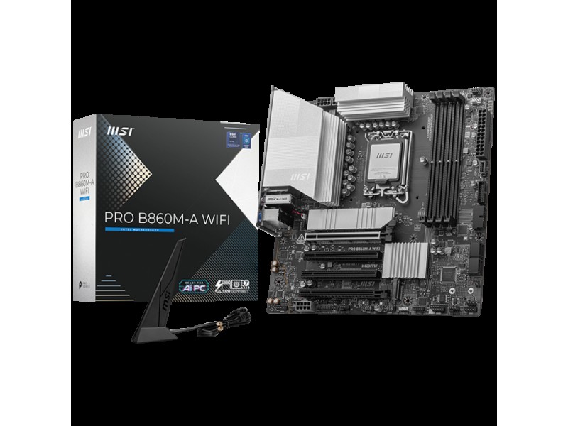 MSI PRO B860M-A WIFI, mATX, LGA 1851, 4x DDR5 Dual Channel DDR5 up to 8600(OC)MHz, 4x PCIe x16 slot, 3x M.2 slot, 2x USB 2.0, 2x USB 5Gbps, 1x USB 10Gbps, 1x USB 5Gbps Type-C, HDMI, DP, 7.1 HD Audio, 5G LAN, WiFi , BT, 3Y