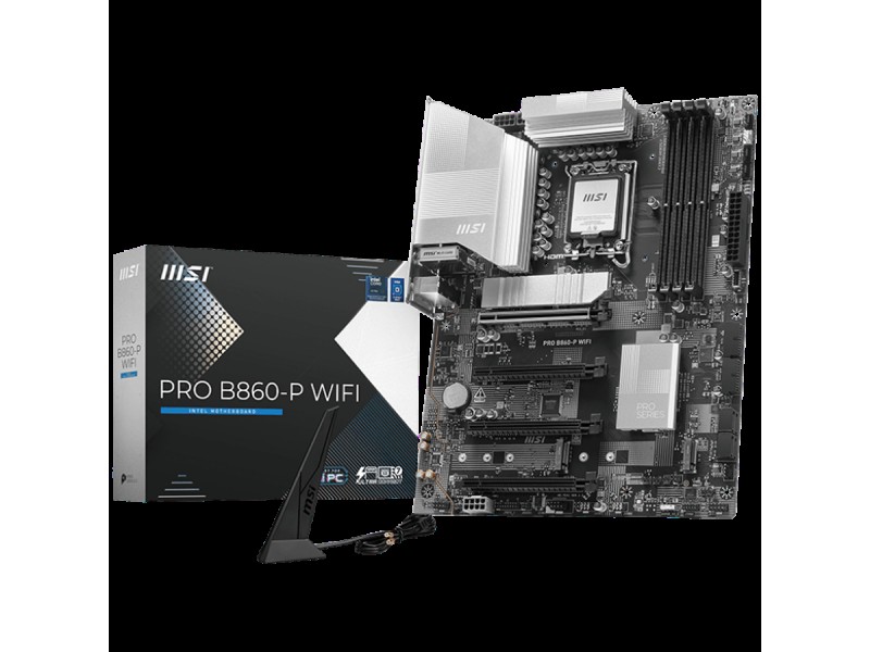 MSI PRO B860-P WIFI, ATX, LGA 1851, 4x DDR5 Dual Channel DDR5 up to 8600(OC)MHz, 4x PCIe x16 slot, 3x M.2 slot, 4x USB 2.0, 2x USB 5Gbps, 2x USB 10Gbps, 1x USB 40Gbps Type-C, HDMI, DP, 7.1 HD Audio, 5G LAN, WiFi, BT, 3Y