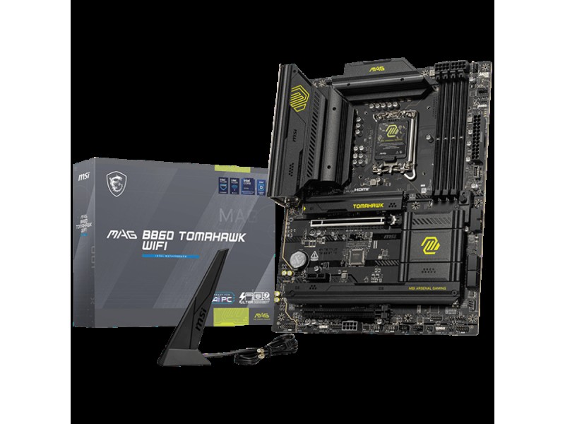 MSI MAG B860 TOMAHAWK WIFI, ATX, LGA 1851, 4x DDR5 Dual Channel DDR5 up to 9200(OC)MHz, 2x PCIe x16 slot, 3x M.2 slot, 4x USB 2.0, 4x USB 10Gbps, 1x USB 10Gbps Type-C, 1x USB 40Gbps Type-C, HDMI, DP, 7.1 HD Audio, 5G LAN, WiFi, BT, 3Y