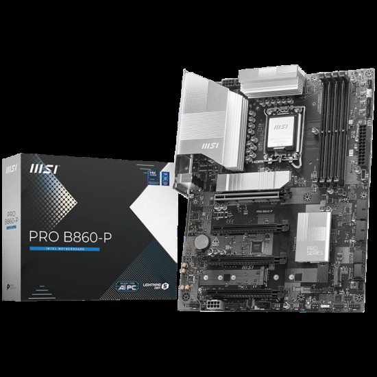 MSI PRO B860-P, ATX, LGA 1851, 4x DDR5 Dual Channel DDR5 up to 8600(OC)MHz, 4x PCIe x16 slot, 3x M.2 slot, 4x USB 2.0, 2x USB 5Gbps, 2x USB 10Gbps, 1x USB 40Gbps Type-C, HDMI, DP, 7.1 HD Audio, 5G LAN, 3Y