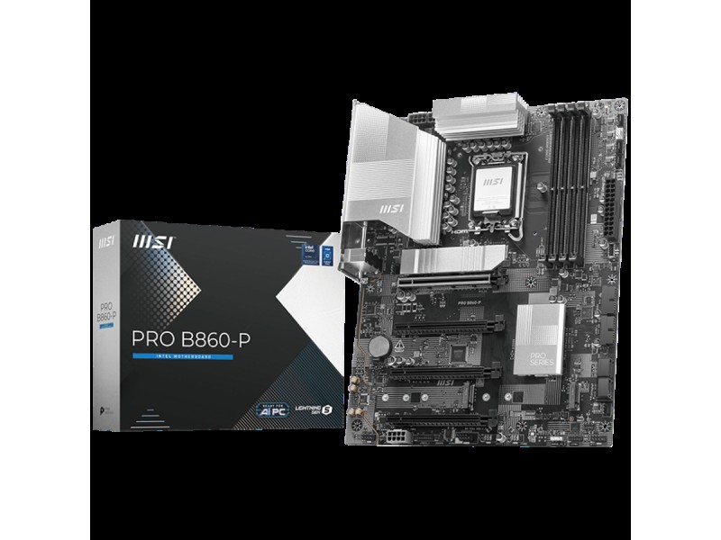 MSI PRO B860-P, ATX, LGA 1851, 4x DDR5 Dual Channel DDR5 up to 8600(OC)MHz, 4x PCIe x16 slot, 3x M.2 slot, 4x USB 2.0, 2x USB 5Gbps, 2x USB 10Gbps, 1x USB 40Gbps Type-C, HDMI, DP, 7.1 HD Audio, 5G LAN, 3Y