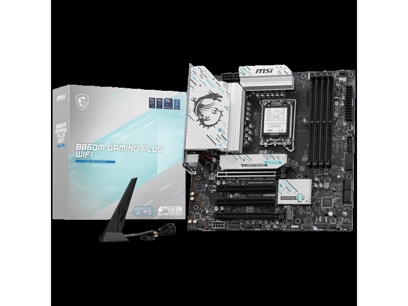 MSI PRO B860M GAMING PLUS WIFI, mATX, LGA 1851, 4x DDR5 Dual Channel DDR5 up to 8600(OC)MHz, 4x PCIe x16 slot, 3x M.2 slot, 2x USB 2.0, 2x USB 5Gbps, 1x USB 10Gbps, 1x USB 5Gbps Type-C, HDMI, DP, 7.1 HD Audio, 5G LAN, WiFi, BT, 3Y