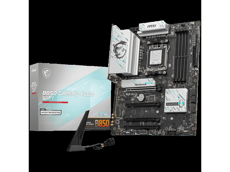 MSI B850 GAMING PLUS WIFI, ATX, Socket AM5, 4x DDR5 Dual Channel DDR5 up to 8200(OC)MHz, 4x PCIe 3.0 x16 slot, 3x M.2 slot, 4x USB 2.0, 1x USB 5Gbps, 1x USB 10Gbps, 2x USB 10Gbps Type-C, DP, 7.1 HD Audio, 5G LAN, WiFI 7, BT, 3Y