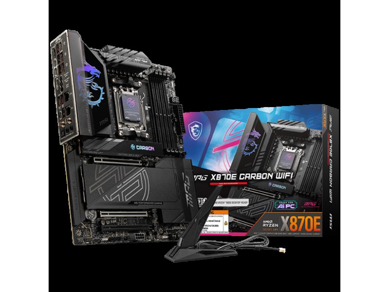 MSI MPG X870E CARBON WIFI, ATX, Socket AM5, 4x DDR5 Dual Channel DDR5 up to 8400(OC)MHz, 3x PCIe 3.0 x16 slot, 4x M.2 slot, 9x USB 10Gbps, 2x 10Gbps Type-C, 2x 40Gbps Type-C, HDMI, 7.1 HD Audio, 2.5+5G LAN, WiFI 7, BT, 3Y