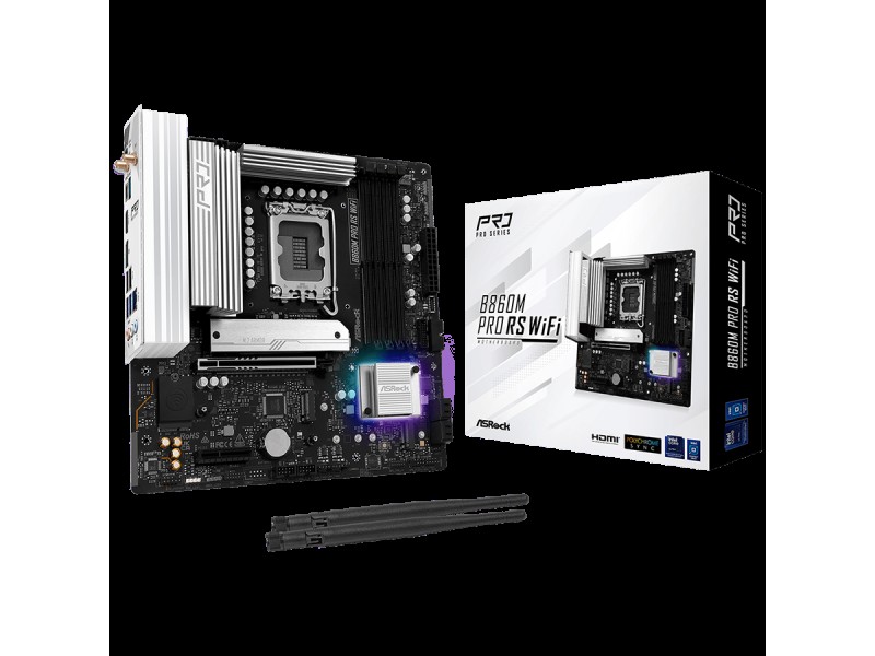 ASROCK MB Desktop B860M Pro Rs Wi-fi, S.1851, 4x DDR5, 1x PCIe 5.0 x16, 1x PCIe 4.0 x4, 1x Blazing M.2, 2x Hyper M.2, 4x SATA3, 2x USB-C, 8x USB 3.2, 6x USB 2.0, 1x RJ-45 2.5GB Lan, 802.11axe Wi-Fi 6E + Bluetooth 5.3, ATX