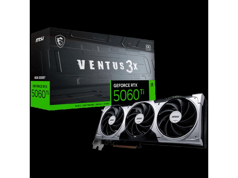 MSI Video Card NVIDIA GeForce RTX 5060 Ti 8G VENTUS 3X OC, 8GB GDDR7, 128-bit, 2617 MHz Boost, 4608 CUDA Cores, PCIe 5.0 (x8), 3x DP 2.1b, HDMI 2.1b, RAY TRACING, Triple Fan, 180W TDP, 8-pin PCIe Power, G-SYNC, 2-Slot, 3Y