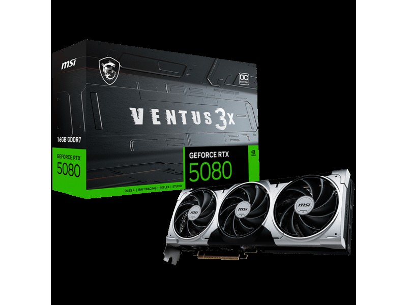 MSI Video Card Nvidia GeForce RTX 5080 16G VENTUS 3X OC PLUS, 16GB GDDR7, 256bit, Effective Memory Clock: 30000MHz, Boost: 2617 MHz, 10752 CUDA Cores, PCIe 5.0, 3x DP 2.1a, HDMI 2.1b, RAY TRACING, Triple Fan, 1x16pin, 850W Recommended PSU, 3Y