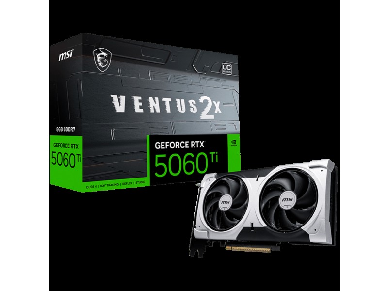 MSI Video Card NVIDIA GeForce RTX 5060 Ti 8G VENTUS 2X OC PLUS, 8GB GDDR7, 128-bit, 2617 MHz Boost, 4608 CUDA Cores, PCIe 5.0 (x8), 3x DP 2.1b, HDMI 2.1b, RAY TRACING, Dual Fan, 180W TDP, 8-pin PCIe Power, G-SYNC, 2-Slot, 3Y