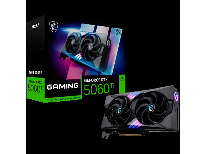 MSI Video Card NVIDIA GeForce RTX 5060 Ti 16G GAMING OC, 16GB GDDR7, 128-bit, 2662 MHz Boost, 4608 CUDA Cores, PCIe 5.0 (x8), 3x DP 2.1b, HDMI 2.1b, RAY TRACING, Dual Fan, 180W TDP, 16-pin PCIe 5.0 (12V-2x6), RGB Lighting, G-SYNC, 2.5-Slot, 3Y
