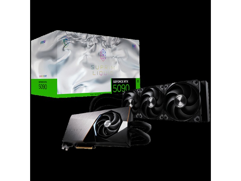 MSI Video Card NVIDIA GeForce RTX 5090 32G SUPRIM LIQUID SOC, 32GB GDDR7, 512-bit, 2580 MHz Boost (Gaming Mode), 21760 CUDA Cores, PCIe 5.0 x16, 3x DP 2.1b, HDMI 2.1b, RAY TRACING, Hybrid Liquid Cooling, 600W TDP, 16-pin PCIe Power, G-SYNC, 3Y
