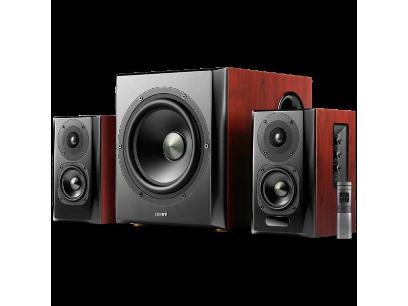 Edifier S350DB 2.1 Audio System, BT V5.1, Optical, Coaxial, RCA, 8-inch Subwoofer, 3.5-inch Drivers, 0.75-inch Tweeters, 70W (RMS), Control Knobs and Remote Control, Brown