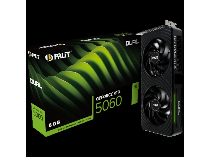 PALIT GeForce RTX 5060 Dual 8GB GDDR7 128 bit, 1x HDMI 2.1b, 3x DP 2.1b, 2 Fan, 1x 8-pin pwr connector, 550W, 262.1 x 126.3 x 40.1 mm, NE75060019P1-GB2063D