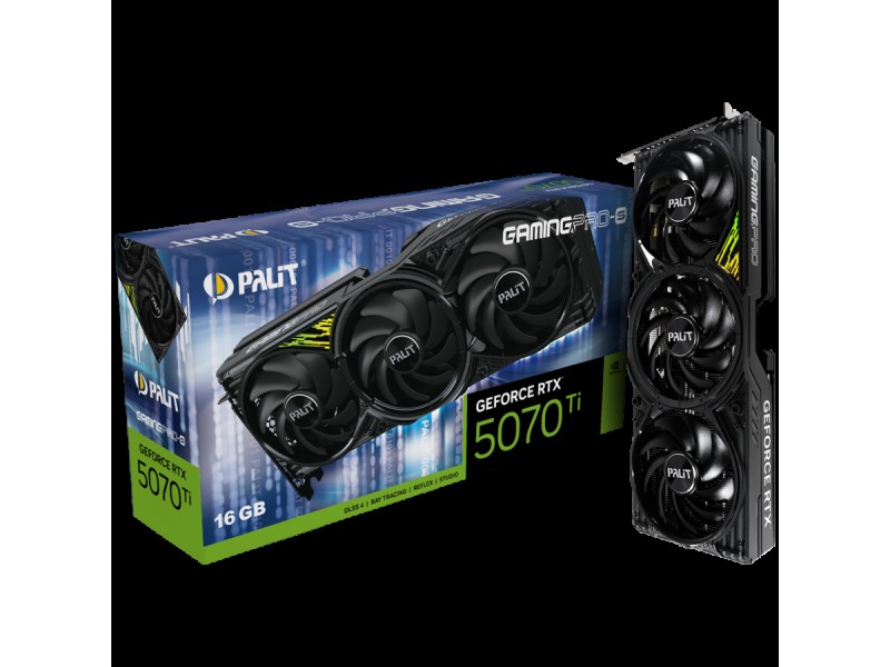 PALIT GeForce RTX 5070 Ti GamingPro-S 16GB GDDR7 256 bit, 1x HDMI 2.1b, 3x DP 2.1b, 3 Fan, 1x 16-pin pwr connector, 750W, 331.9 x 127.1 x 49.7 mm, NE7507T019T2-GB2031U