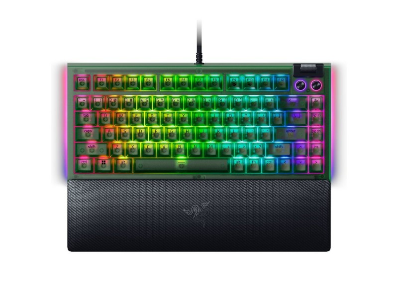 Razer BlackWidow V4 75% Phantom Green Edition, US Layout, Razer Chroma RGB, Hot-swappable Design, Detachable Type C Cable, PCB & Case sound dampening foam, Up to 8,000 Hz polling rate, Doubleshot ABS Keycaps, Magnetic Plush Leatherette