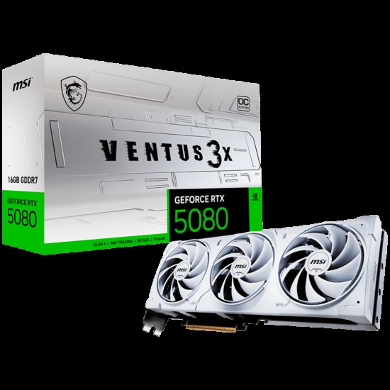 MSI Video Card Nvidia GeForce RTX 5080 16G VENTUS 3X OC WHITE, 16GB GDDR7, 256bit, Effective Memory Clock: 30000MHz, Boost: 2640 MHz, 10752 CUDA Cores, PCIe 5.0, 3x DP 2.1b, HDMI 2.1b, RAY TRACING, Triple Fan, 1x16pin, 850W Recommended PSU, 3Y