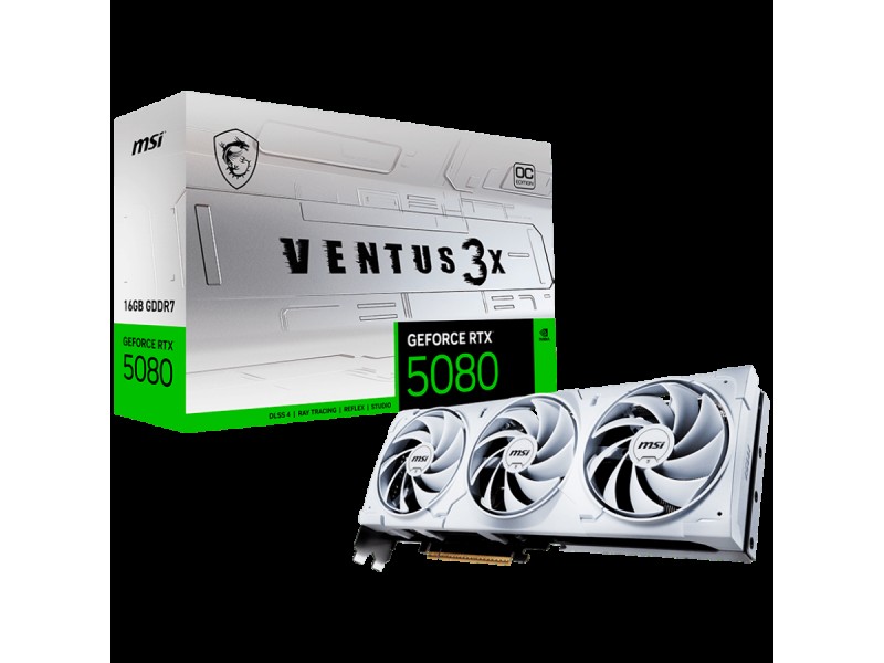 MSI Video Card Nvidia GeForce RTX 5080 16G VENTUS 3X OC WHITE, 16GB GDDR7, 256bit, Effective Memory Clock: 30000MHz, Boost: 2640 MHz, 10752 CUDA Cores, PCIe 5.0, 3x DP 2.1b, HDMI 2.1b, RAY TRACING, Triple Fan, 1x16pin, 850W Recommended PSU, 3Y