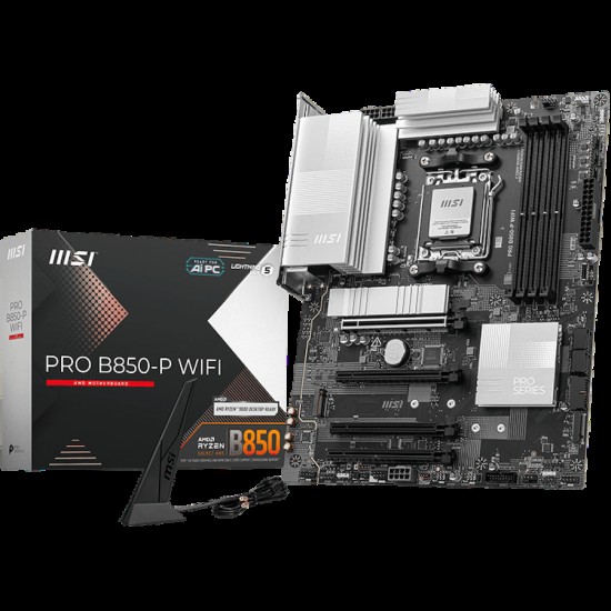 MSI PRO B850-P WIFI, ATX, Socket AM5, 4x DDR5 Dual Channel DDR5 up to 8200(OC)MHz, 4x PCIe 3.0 16 slots, 3x M.2 slots, 4x USB 2.0, 1x USB 5Gbps, 1x USB 10Gbps, 2x USB 10Gbps Type-C, HDMI, 7.1 HD Audio, 5G LAN, WiFI 7, BT, 3Y