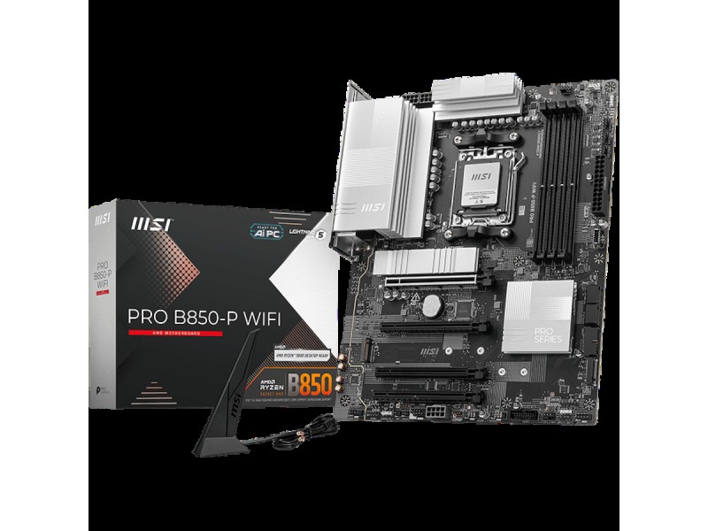 MSI PRO B850-P WIFI, ATX, Socket AM5, 4x DDR5 Dual Channel DDR5 up to 8200(OC)MHz, 4x PCIe 3.0 16 slots, 3x M.2 slots, 4x USB 2.0, 1x USB 5Gbps, 1x USB 10Gbps, 2x USB 10Gbps Type-C, HDMI, 7.1 HD Audio, 5G LAN, WiFI 7, BT, 3Y