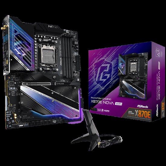 ASROCK MB Desktop X870E Nova Wi-Fi, AM5, 4x DDR5, 1x PCIe 5.0 x16, 1x PCIe 3.0 x1, 1x PCIe 3.0 x16, 1x Blazing M.2(PCIe Gen5x4), 3x Hyper M.2, 1x Ultra M.2, RAID 0, 1, 10, 4x SATA3 6.0 Gb/s, 3x USB-C, 12x USB 3.2, 6x USB 2.0, 1x SPDIF, 7.1 CH Audio, 1x HD