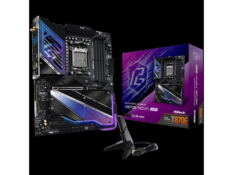ASROCK MB Desktop X870E Nova Wi-Fi, AM5, 4x DDR5, 1x PCIe 5.0 x16, 1x PCIe 3.0 x1, 1x PCIe 3.0 x16, 1x Blazing M.2(PCIe Gen5x4), 3x Hyper M.2, 1x Ultra M.2, RAID 0, 1, 10, 4x SATA3 6.0 Gb/s, 3x USB-C, 12x USB 3.2, 6x USB 2.0, 1x SPDIF, 7.1 CH Audio, 1x HD