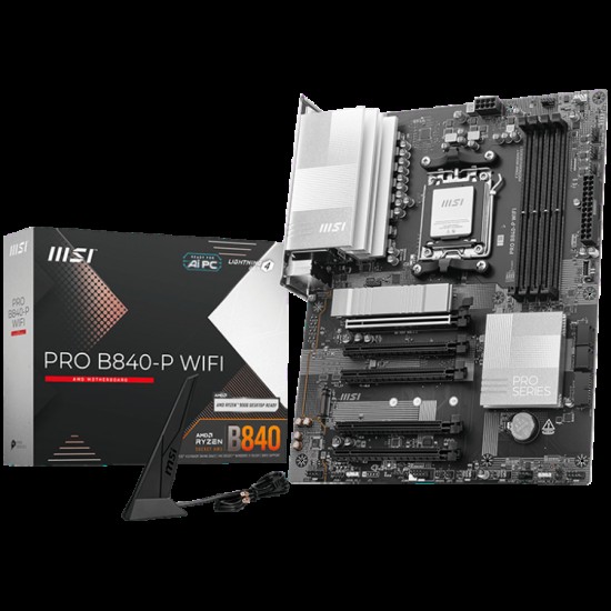 MSI PRO B840-P WIFI, ATX, Socket AM5, 4x DDR5 Dual Channel DDR5 up to 8000(OC)MHz, 5x PCIe x16 slot, 2x M.2 slot, 4x USB 2.0, 2x USB 5Gbps, 1x USB 10Gbps, 1x USB 10Gbps Type-C, HDMI, 7.1 HD Audio, 2.5G LAN, WiFi, BT, 3Y