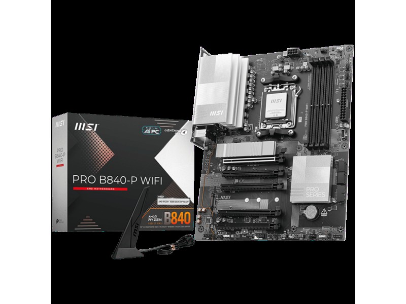 MSI PRO B840-P WIFI, ATX, Socket AM5, 4x DDR5 Dual Channel DDR5 up to 8000(OC)MHz, 5x PCIe x16 slot, 2x M.2 slot, 4x USB 2.0, 2x USB 5Gbps, 1x USB 10Gbps, 1x USB 10Gbps Type-C, HDMI, 7.1 HD Audio, 2.5G LAN, WiFi, BT, 3Y