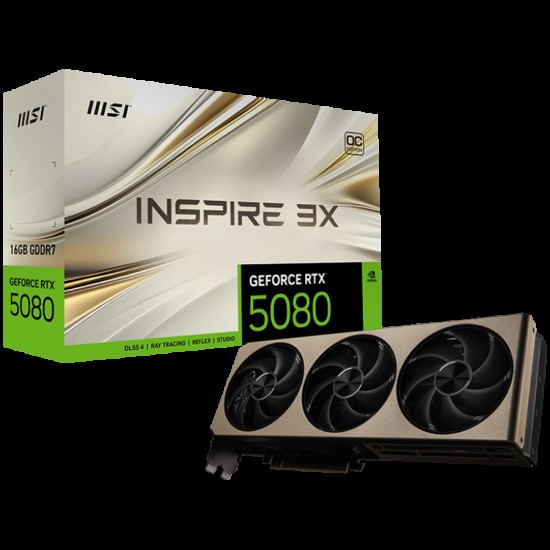 MSI Video Card Nvidia GeForce RTX 5080 16G INSPIRE 3X OC, 16GB GDDR7, 256bit, Effective Memory Clock: 30000MHz, Boost: 2640 MHz, 10752 CUDA Cores, PCIe 5.0, 3x DP 2.1b, HDMI 2.1b, RAY TRACING, Triple Fan, 1x16pin, 850W Recommended PSU, 3Y
