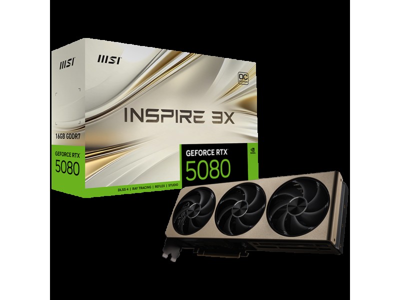 MSI Video Card Nvidia GeForce RTX 5080 16G INSPIRE 3X OC, 16GB GDDR7, 256bit, Effective Memory Clock: 30000MHz, Boost: 2640 MHz, 10752 CUDA Cores, PCIe 5.0, 3x DP 2.1b, HDMI 2.1b, RAY TRACING, Triple Fan, 1x16pin, 850W Recommended PSU, 3Y