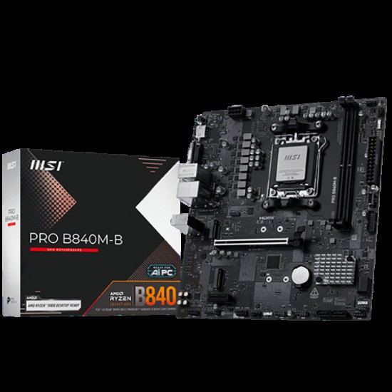 MSI PRO B840M-B, mATX, Socket AM5, 2x DDR5 Dual Channel DDR5 up to 8000(OC)MHz, 1x PCIe x16 slot, 2x M.2 slot, 2x USB 2.0, 4x USB 5Gbps, HDMI, VGA, 7.1 HD Audio, 2.5G LAN, 3Y
