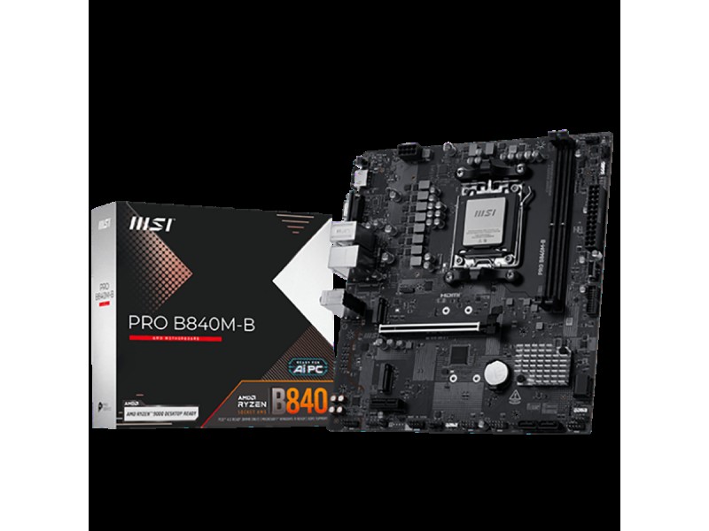 MSI PRO B840M-B, mATX, Socket AM5, 2x DDR5 Dual Channel DDR5 up to 8000(OC)MHz, 1x PCIe x16 slot, 2x M.2 slot, 2x USB 2.0, 4x USB 5Gbps, HDMI, VGA, 7.1 HD Audio, 2.5G LAN, 3Y