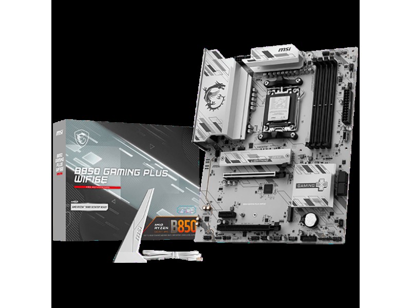 MSI B850 GAMING PLUS WIFI6E, ATX, Socket AM5, 4x DDR5 Dual Channel up to 8200(OC)MHz, 2x PCIe x16 slot, 2x M.2 slot, 4x USB 5Gbps, 3x USB 10Gbps, 1x USB 10Gbps Type-C, HDMI, DP, 7.1 HD Audio, 2.5G LAN, WiFI 6E, BT, 3Y