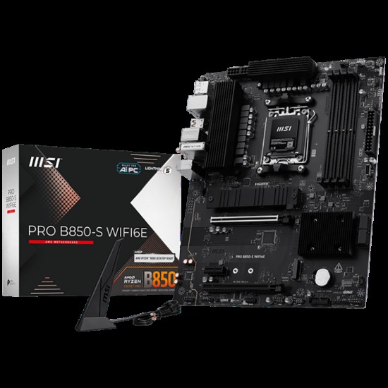 MSI PRO B850-S WIFI6E, ATX, Socket AM5, 4x DDR5 Dual Channel up to 8200(OC)MHz, 2x PCIe x16 slot, 2x M.2 slot, 4x USB 5Gbps, 3x USB 10Gbps, 1x USB 10Gbps Type-C, HDMI, DP, 7.1 HD Audio, 2.5G LAN, WiFI 6E, BT, 3Y MSI PRO B850-S WIFI6E, ATX, Socket AM5, 4x DDR5 Dual Channel up to 8200(OC)MHz, 2x PCIe x16 slot, 2x M.2 slot, 4x USB 5Gbps, 3x USB 10Gbps, 1x USB 10Gbps Type-C, HDMI, DP, 7.1 HD Audio, 2.5G LAN, WiFI 6E, BT, 3Y