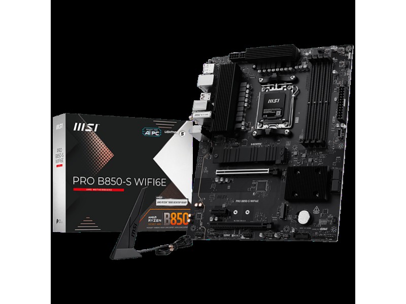 MSI PRO B850-S WIFI6E, ATX, Socket AM5, 4x DDR5 Dual Channel  up to 8200(OC)MHz, 2x PCIe x16 slot, 2x M.2 slot, 4x USB 5Gbps, 3x USB 10Gbps, 1x USB 10Gbps Type-C, HDMI, DP, 7.1 HD Audio, 2.5G LAN, WiFI 6E, BT, 3Y