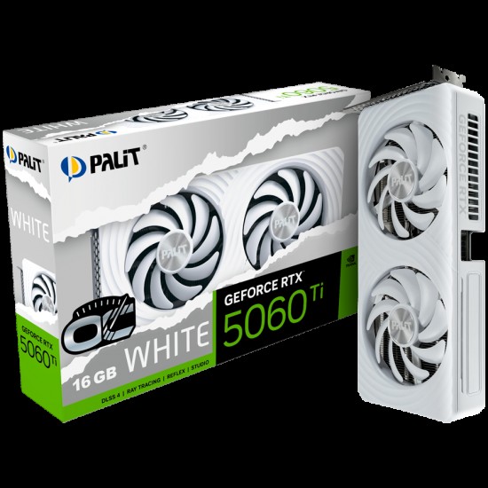 Palit GeForce RTX 5060 Ti WHITE OC 16GB GDDR7, 128 bit, 1x HDMI 2.1b, 3x DP 2.1b, 2 Fan, 1x 8-pin pwr connector, 600W, 262.1 x 126.3 x 40.1 mm, NE7506TU19T1-GB2061M