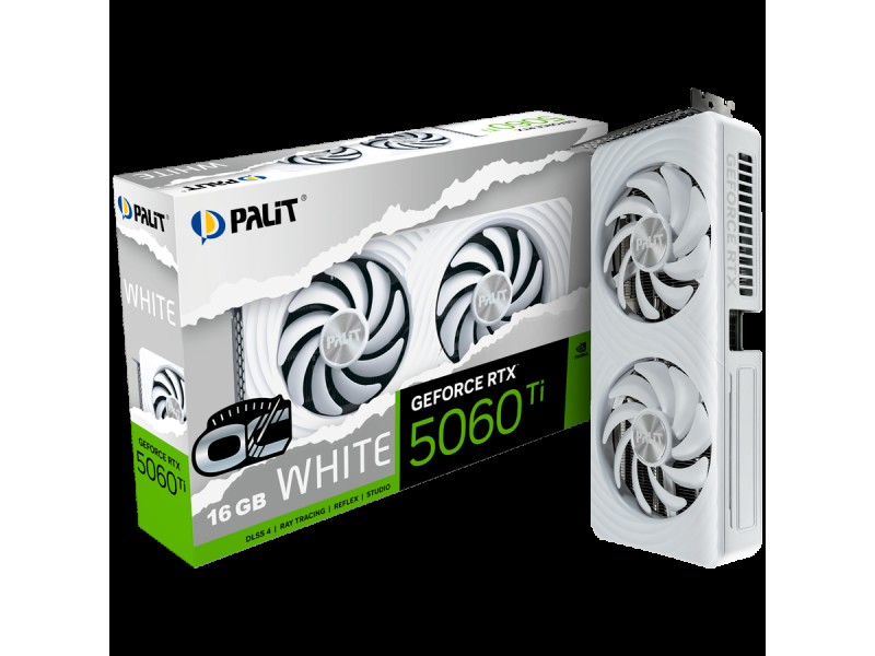 Palit GeForce RTX 5060 Ti WHITE OC 16GB GDDR7, 128 bit, 1x HDMI 2.1b, 3x DP 2.1b, 2 Fan, 1x 8-pin pwr connector, 600W, 262.1 x 126.3 x 40.1 mm, NE7506TU19T1-GB2061M