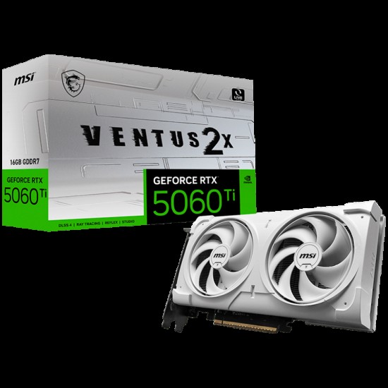 MSI Video Card NVIDIA GeForce RTX 5060 Ti 16G VENTUS 2X WHITE PLUS, 16GB GDDR7, 128-bit, 2587 MHz Boost, 4608 CUDA Cores, PCIe 5.0 (x8), 3x DP 2.1b, HDMI 2.1b, RAY TRACING, Dual Fan, 180W TDP, 8-pin PCIe Power, G-SYNC, 2-Slot, 3Y