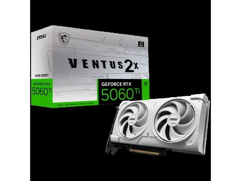 MSI Video Card NVIDIA GeForce RTX 5060 Ti 16G VENTUS 2X WHITE PLUS, 16GB GDDR7, 128-bit, 2587 MHz Boost, 4608 CUDA Cores, PCIe 5.0 (x8), 3x DP 2.1b, HDMI 2.1b, RAY TRACING, Dual Fan, 180W TDP, 8-pin PCIe Power, G-SYNC, 2-Slot, 3Y