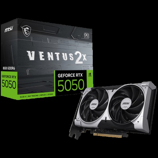 MSI Video Card NVIDIA GeForce RTX 5050 8G VENTUS 2X OC, 8GB GDDR6, 128-bit, 2602 MHz Boost, 2560 CUDA Cores, PCIe 5.0 (x8), 3x DP 2.1b, HDMI 2.1b, RAY TRACING, Dual Fan, 130W TDP, 8-pin PCIe Power, G-SYNC, 2-Slot, 3Y