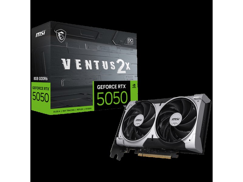 MSI Video Card NVIDIA GeForce RTX 5050 8G VENTUS 2X OC, 8GB GDDR6, 128-bit, 2602 MHz Boost, 2560 CUDA Cores, PCIe 5.0 (x8), 3x DP 2.1b, HDMI 2.1b, RAY TRACING, Dual Fan, 130W TDP, 8-pin PCIe Power, G-SYNC, 2-Slot, 3Y