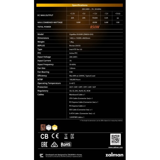 Zalman захранване PSU GigaMax III ATX 3.0 850W Bronze - ZM850-GV3