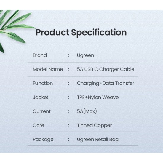 Ugreen кабел USB 2.0 Type-C M/M US316, 100W, 5A, 3m - 90120