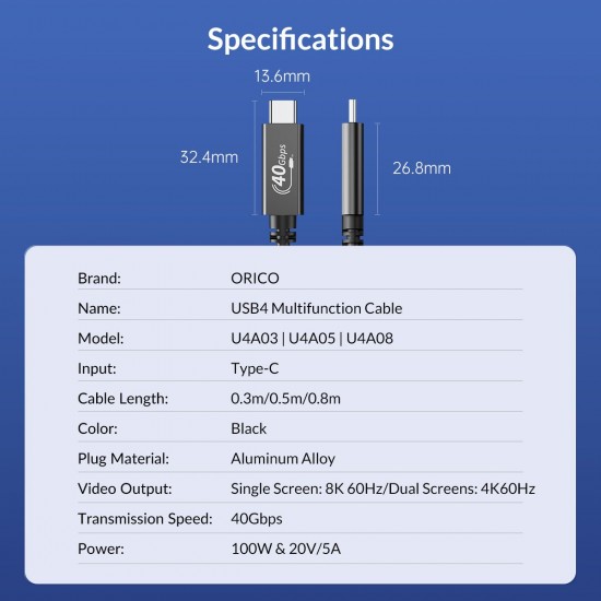Orico кабел Cable USB4.0 40Gbps M/M 0.5m Black PD100W - U4A05-BK