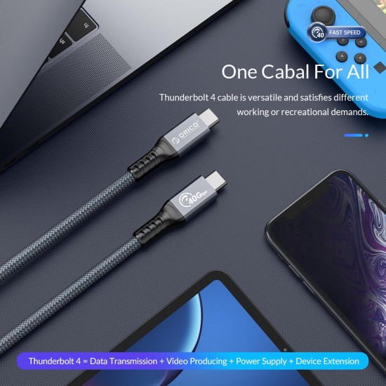 Orico кабел Cable Thunderbolt 4 / USB4 - Type-C to Type-C 40Gbps PD100W 0.3m Grey - TBZ4-03-GY