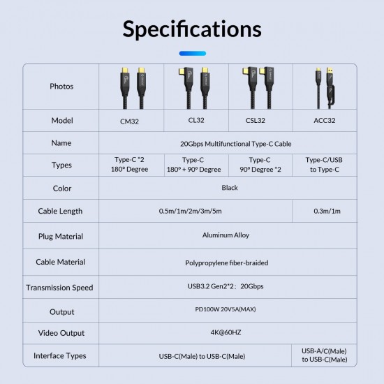 Orico кабел Cable USB 3.2 Gen2x2 - Type-C to Type-C PD100W 20Gbps 0.5m Black - CM32-05-BK