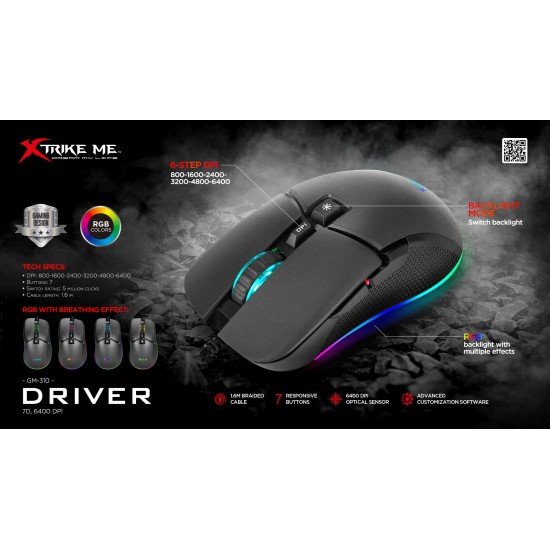 Xtrike ME геймърска мишка Gaming Mouse GM-310 - 6400dpi, RGB, programmable
