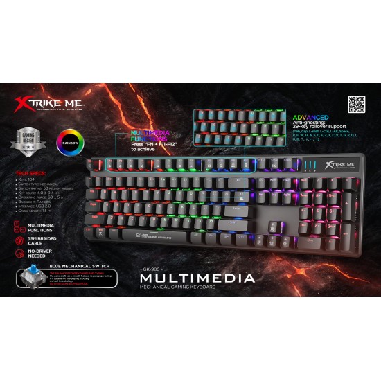 Xtrike ME механична клавиатура Gaming Keyboard Mechanical 104 keys GK-980 - Blue switches, Rainbow backlight