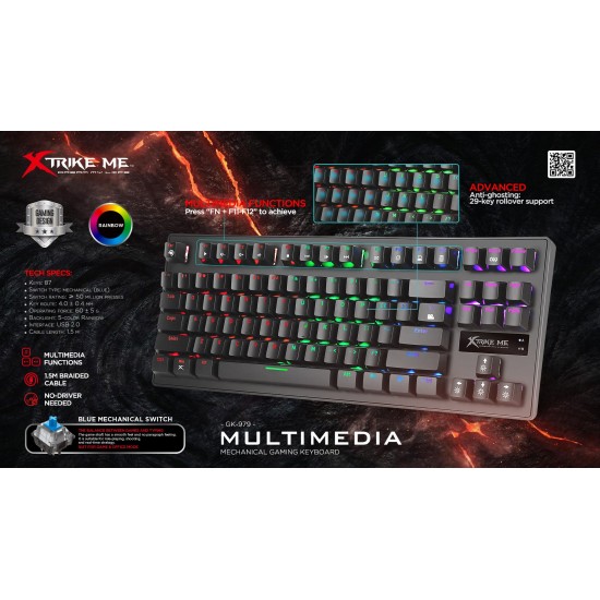 Xtrike ME механична клавиатура Gaming Keyboard Mechanical 87 keys GK-979 - Blue switches, Rainbow backlight