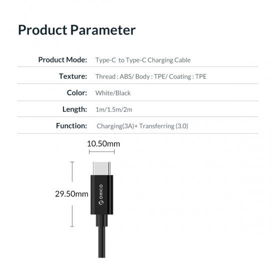 Orico Кабел Cable - Type-C to Type-C - 3A, white, 1m - BCU-10